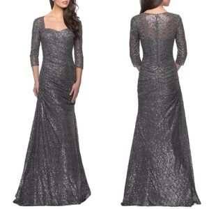 NEW La Femme 28065 Floor Length Fully Sequined 3/4 Sleeve Ruched Gown Gunmetal 8